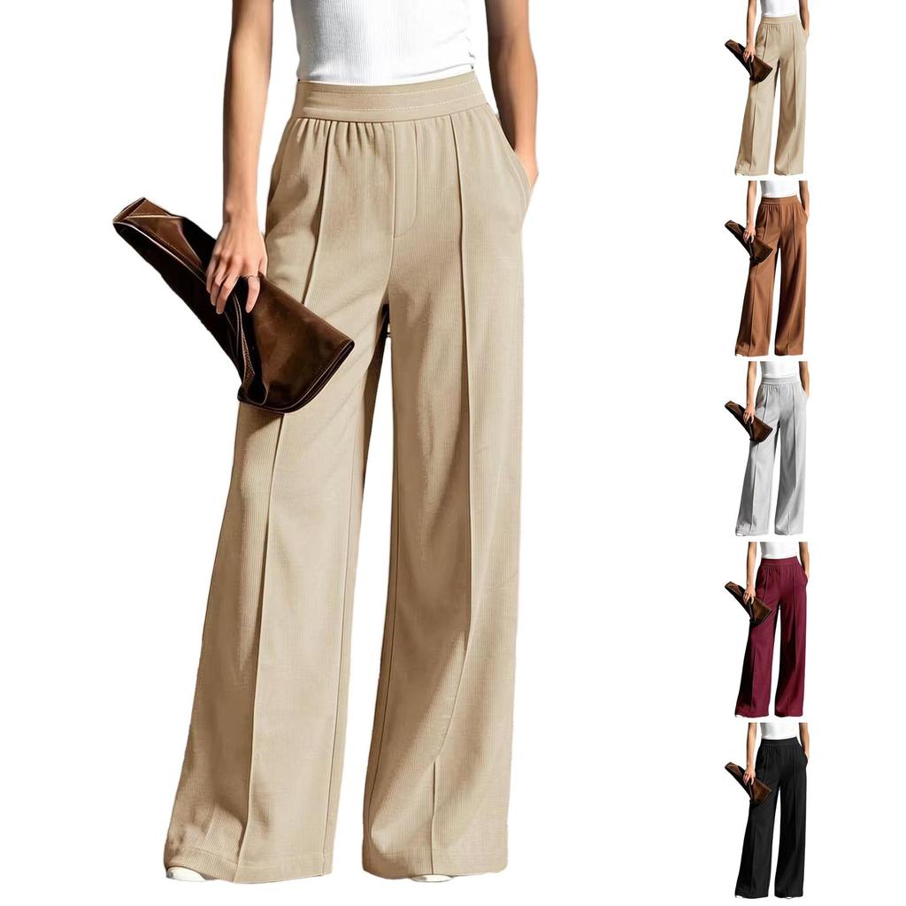 Lässige Damen-Hose mit weitem Bein und Taschen, Gerippte Strickhose in Farbe für Alltagsoutfits