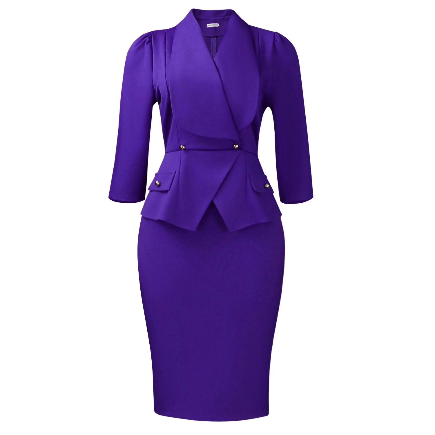 Women s new autumn fashion temperament elegant solid color large lapel O Tongle dress S фиолетовый