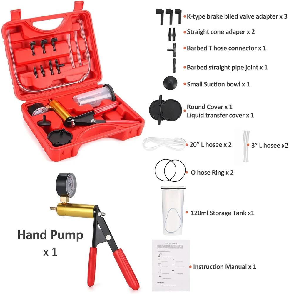 21pcs Manual Brake Bleeder Vacuum Pump Kit Automotive Fluid Tester with Gauge Adapters 2 In 1 Handheld Pistol Test Tools for Car