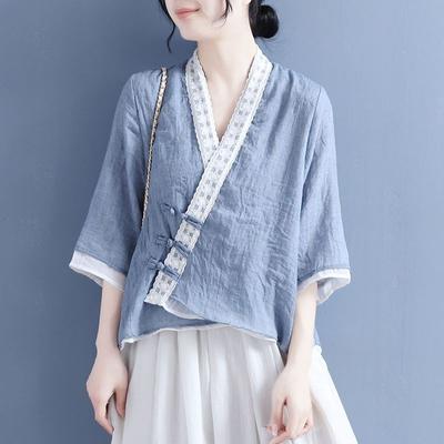 Republic of China Style Blouse Lace Diagonal Lapel Buckle Lace-up Three-quarter Sleeve Shirt Women's Fake Two-piece Cotton and Linen Summer Retro Tea