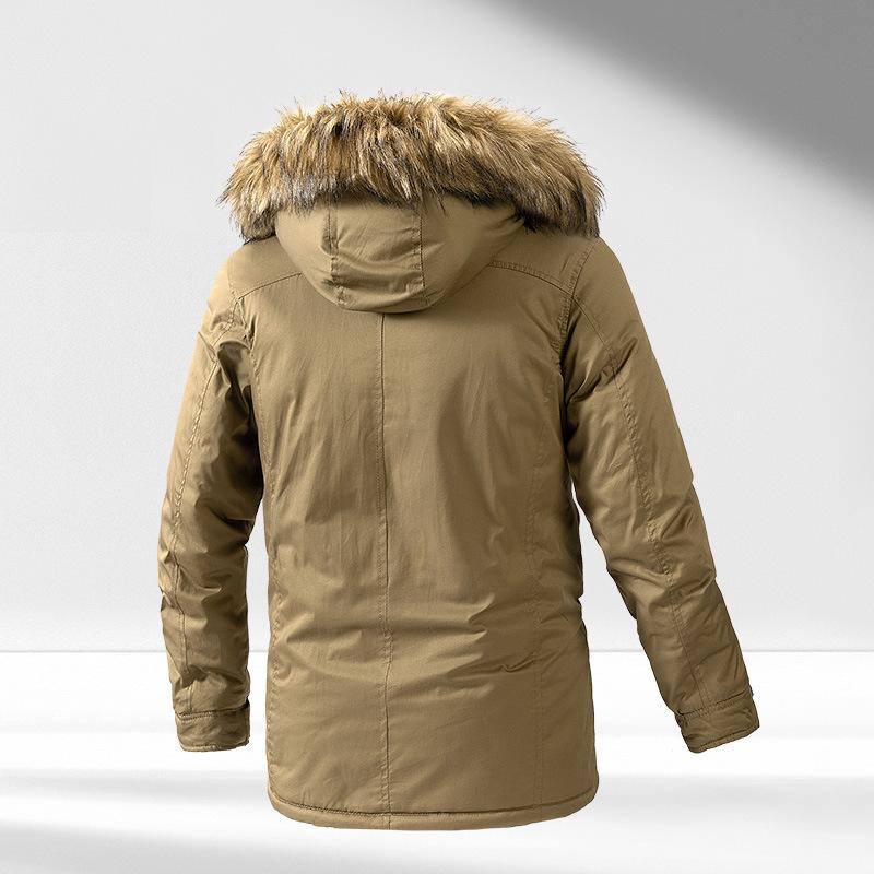 Big Fur Collar Tooling Medium and Long Cotton-padded Clothes, Washed Jackets, Men's Warm Jackets, Plush and Thickened Jackets.