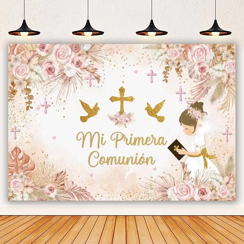 

BEPAN Golden cross white dove my first communion background girl boy baby christening party baby shower decoration background props Vinyl--W120xH80cm