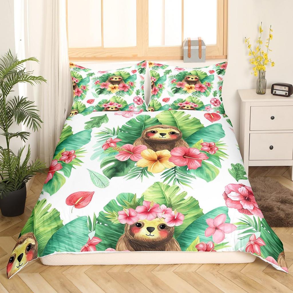 Kids Cute Sloth Duvet Cover Set Cartoon Sloth Printed Comforter Covers Boys Girls 3D Animal Themed Lovely Duvet Cover 2/3 Pcs