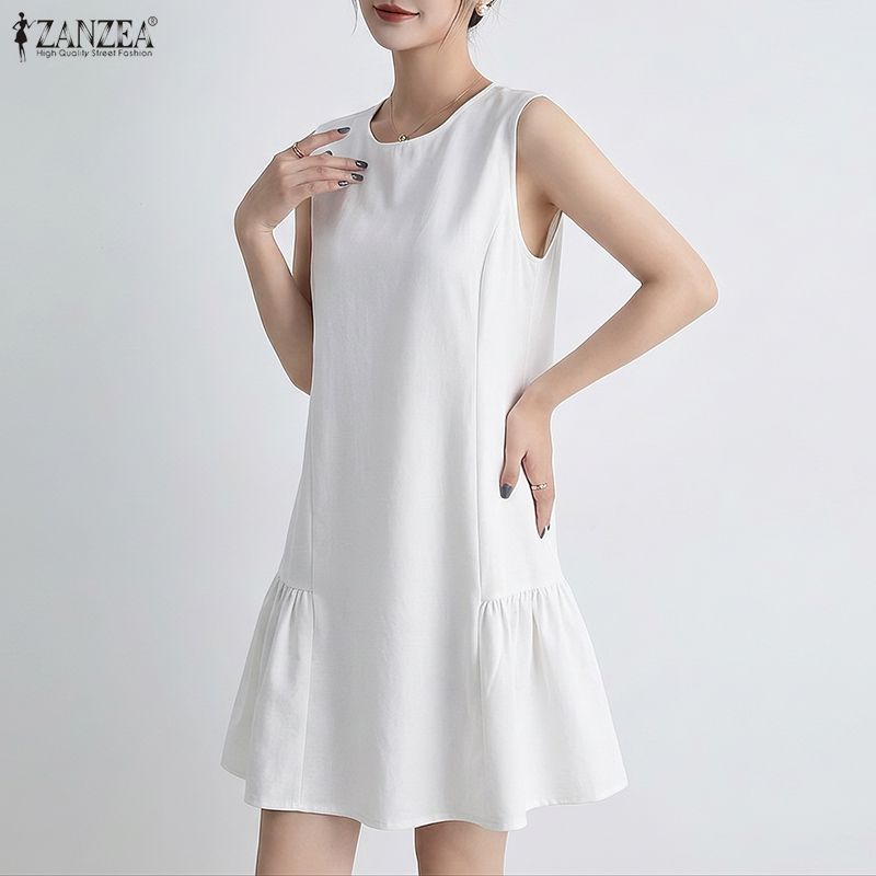 ZANZEA Women Casual Round Neck Solid Color Summer Sleeveless Dress