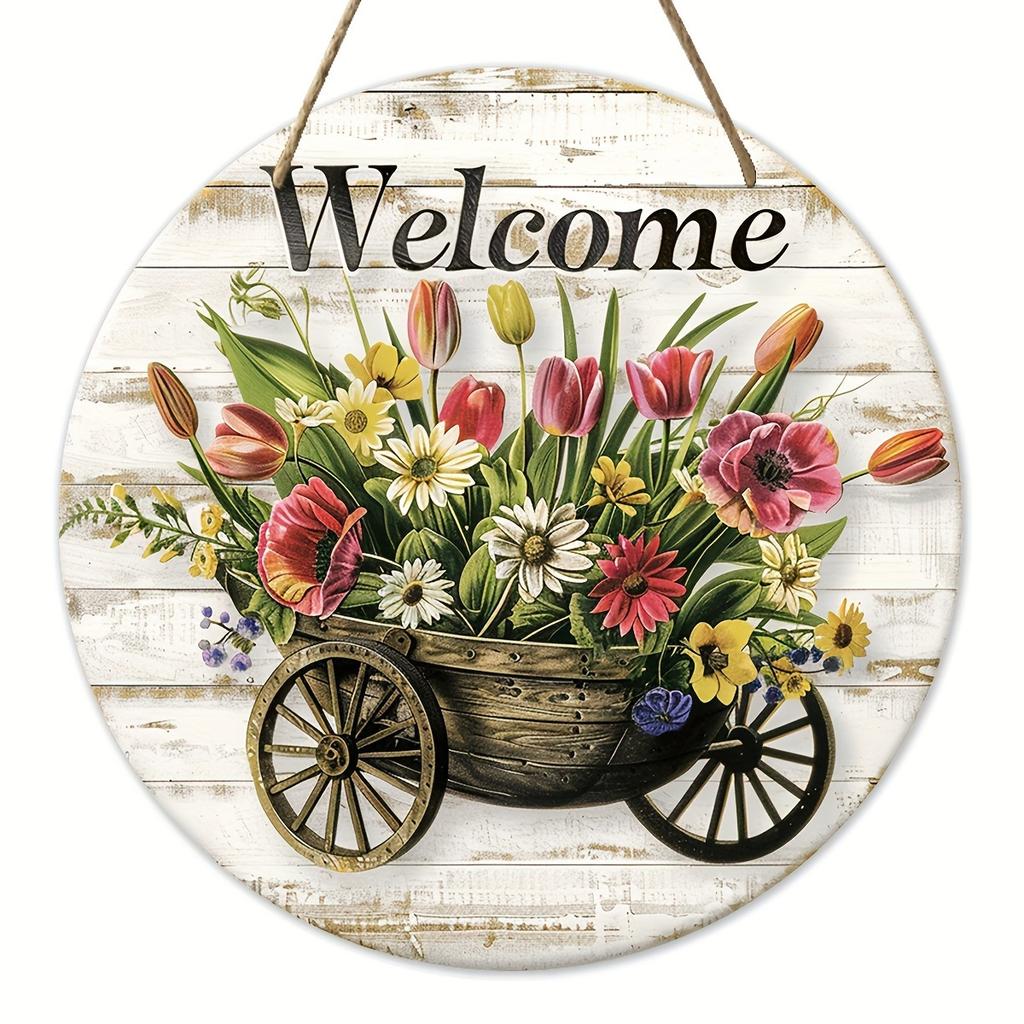 A welcome sign with pattern design -1 round artificial wood hanging sign, suitable for home, room, festival, coffee shop