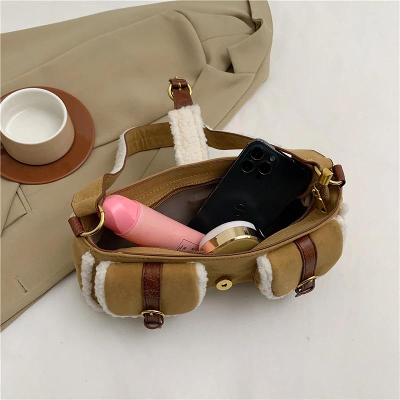 Versatile Fur Shoulder Bag  Suede Patch  Lamb's Wool  Retro Fur