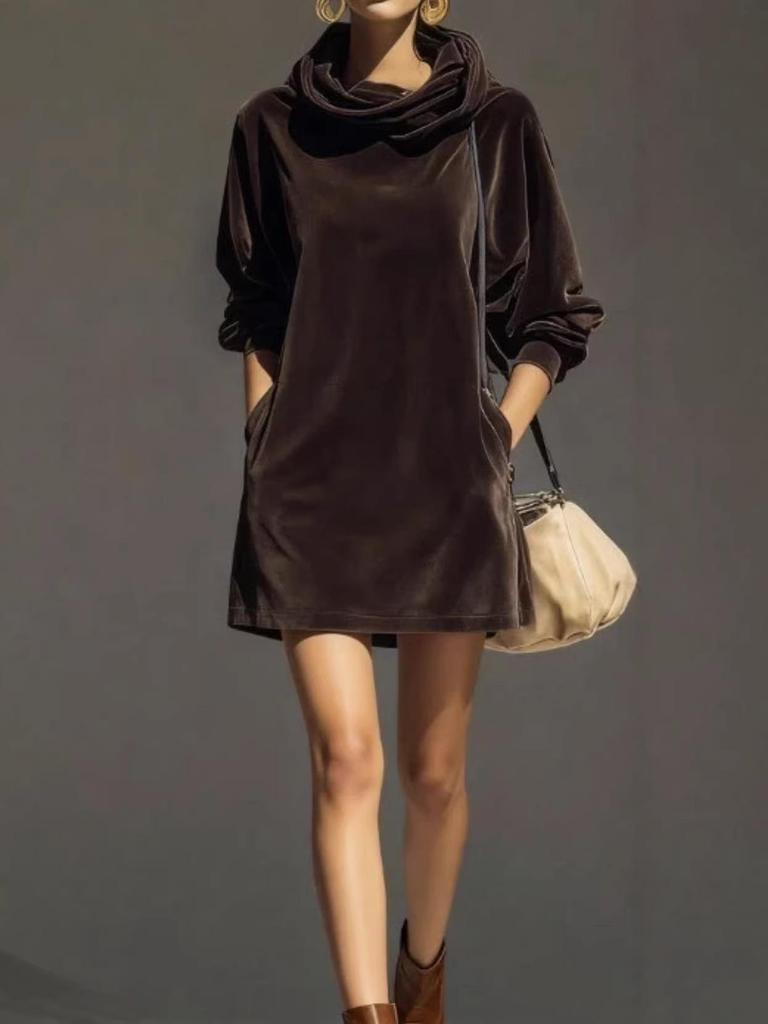 Women's Solid Color Velvet Hooded Dress - Spring/Autumn 2026 Collection