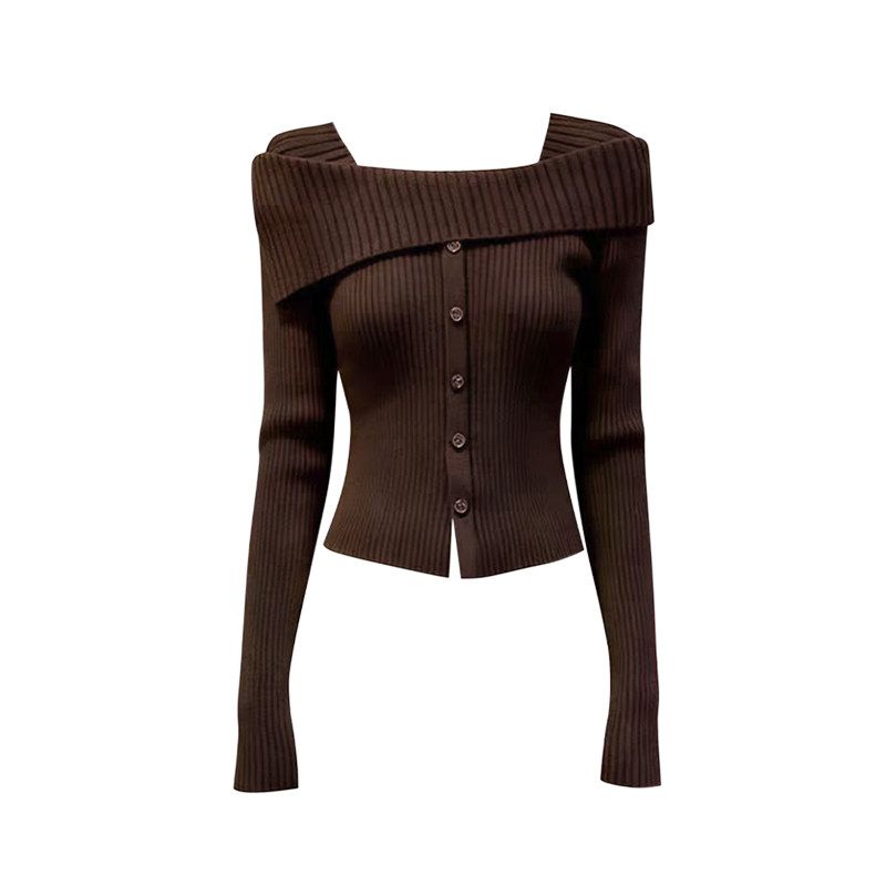 

Gentle and Elegant One-Shoulder Knitted Sweater for Women, Autumn and Winter Niche Design, Retro Slim Fit Inner Top Coffee Color S