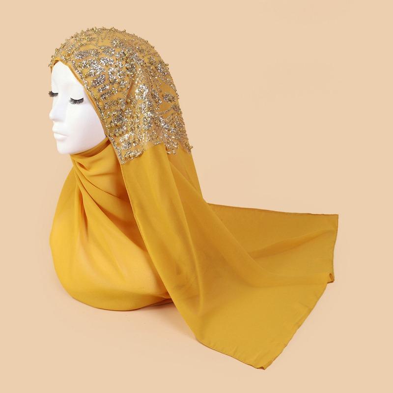 Mei Scarf Ethnic Style Yarn, Hijab Chiffon Bead Long Scarf, High-end Headscarf, Minority Ethnic Group