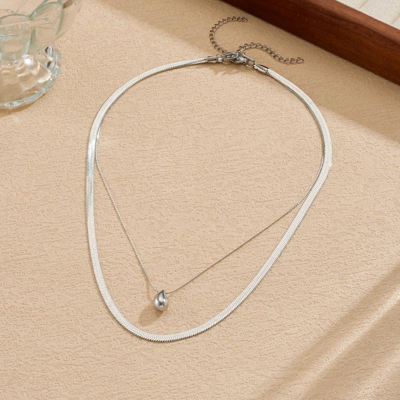 Gold Plated Layered Herringbone Chain Teardrop Pendant Necklace