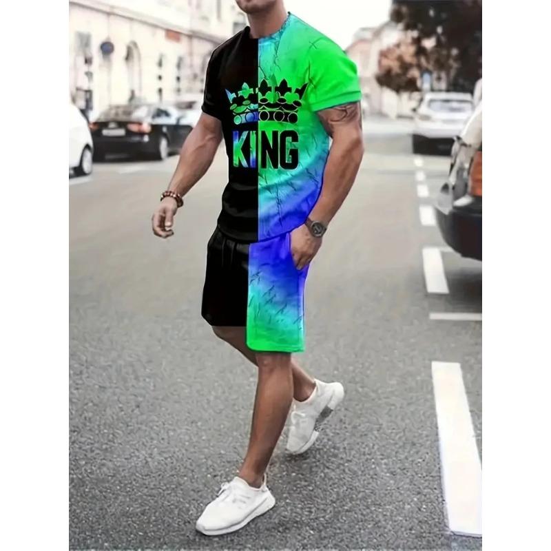 Hip Hop Style Personality Cartoon 3D Printed Men's Round Neck Short Sleeve 2 Fashionable Street Sports All-match Men's Suit