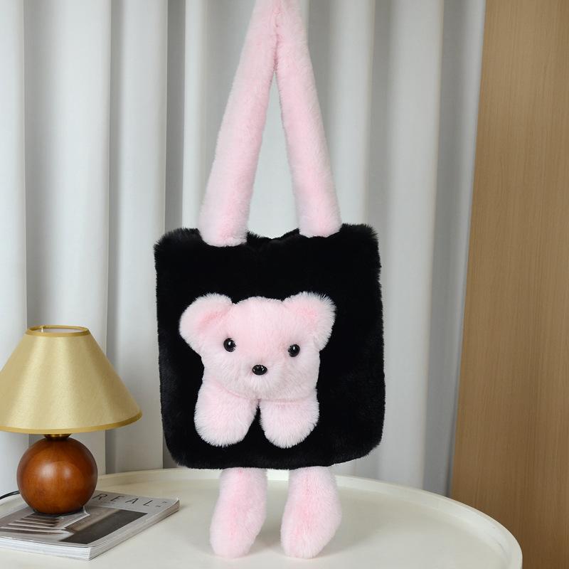 New Plush Doll Shoulder Bag Cute Niche Oblique Straddle Women's Bag Imitation Mink Hair Contrasting Color Bear Doll Tote Bag