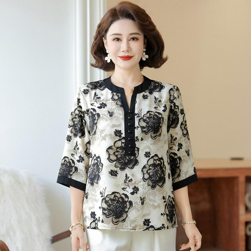 

Summer Western Style Mother Printed Short-sleeved Blouse Women s Middle-aged Chiffon Printed Small Shirt T-shirt 5XL чорний