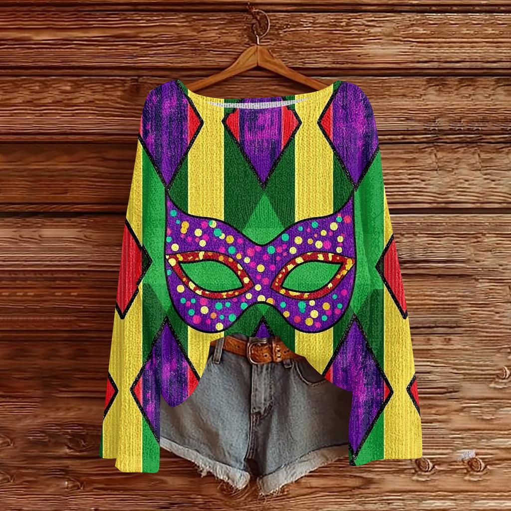 Damen Casual Mode Rundhals Oberteil Karneval Print Langarm Strickpullover