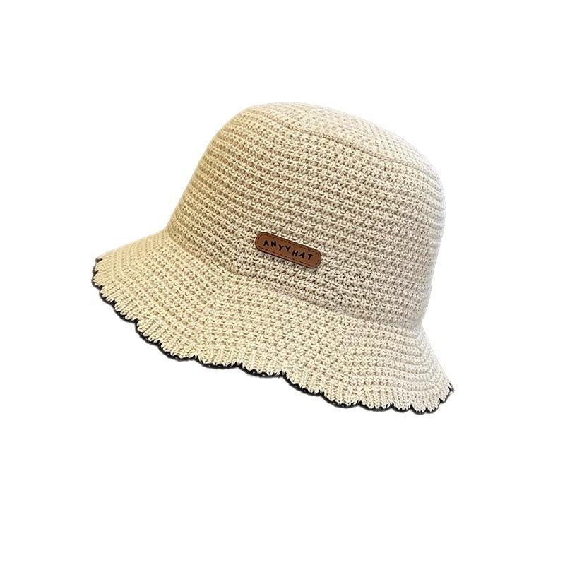French Wavy Edge Knit Bucket Hat Summer Fashion Breathable Foldable Outdoor Sun Hat