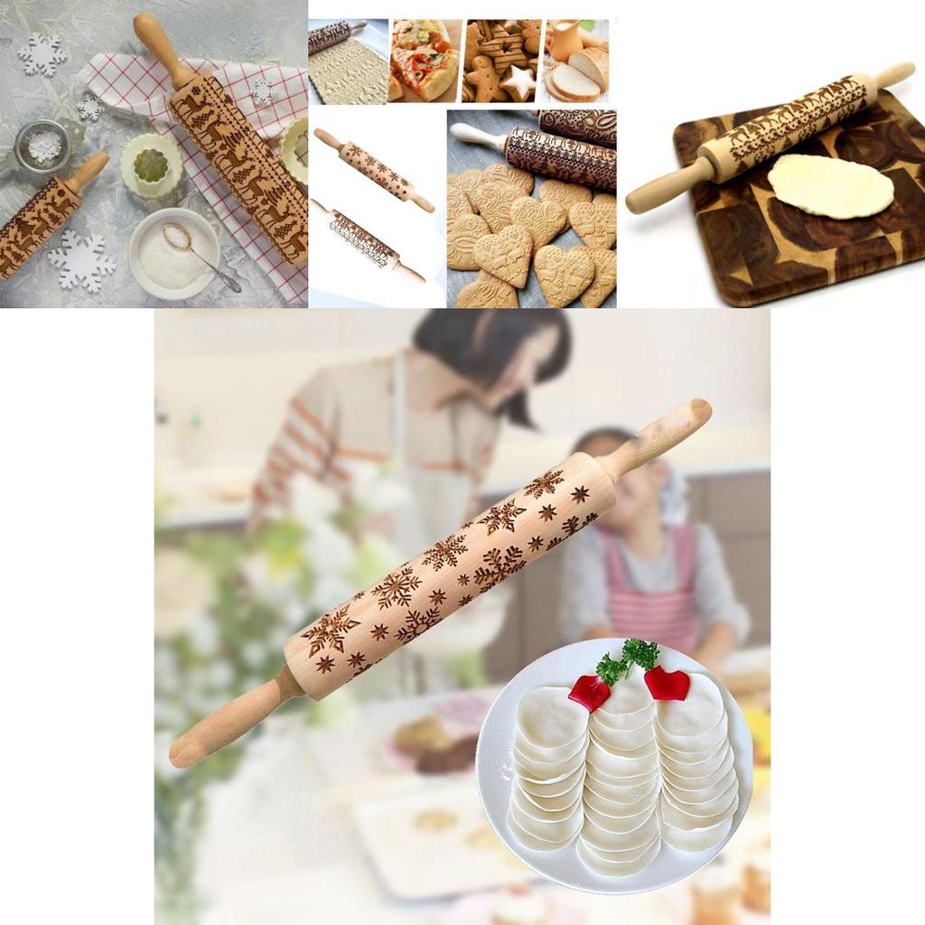 Elegant Wooden Embossing Rolling Pin With Reindeer And Snowflake Patterns