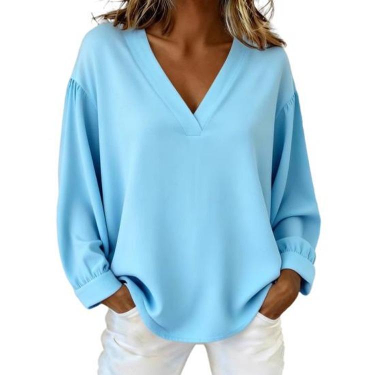 

Women Casual Blouse V Neck Long Sleeve Pullover Tops Loose Fit Solid Color Work Party Date Wear S небесно-голубой
