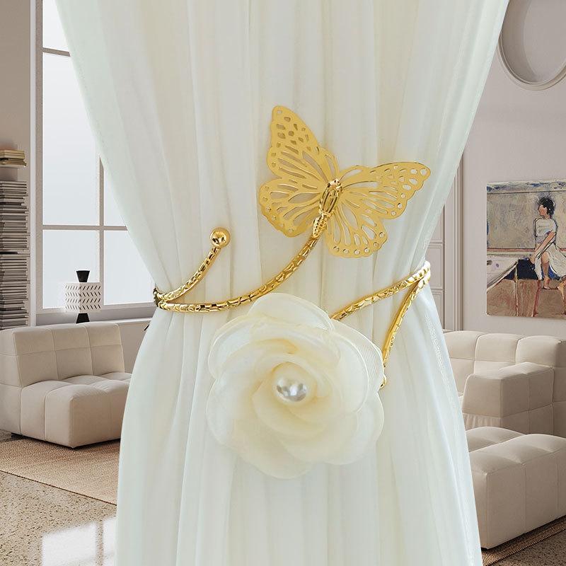 2pcs Three-dimensional Butterfly Flower Pearl Curtain Hooks Without Holes for Bedroom and Living Room Soft Decoration Curtain Ties