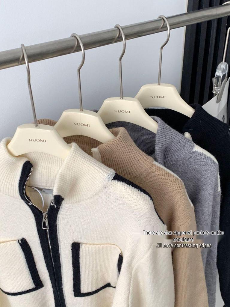 Women's Slim Fit Color Block Knitted Sweater with Stand Collar and Double-Head Zipper