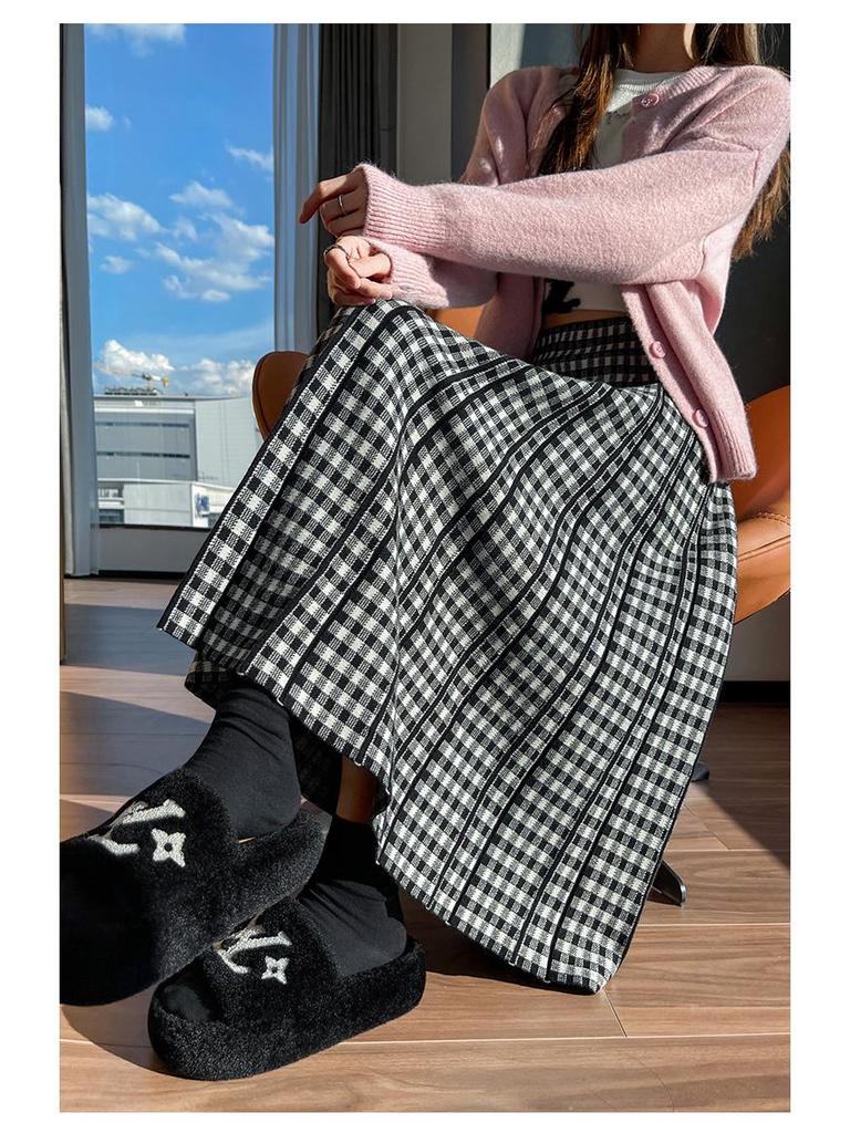 Women's High-Waisted Plaid Pleated Wool Midi Skirt - Fashionable, Slimming, A-Line Design