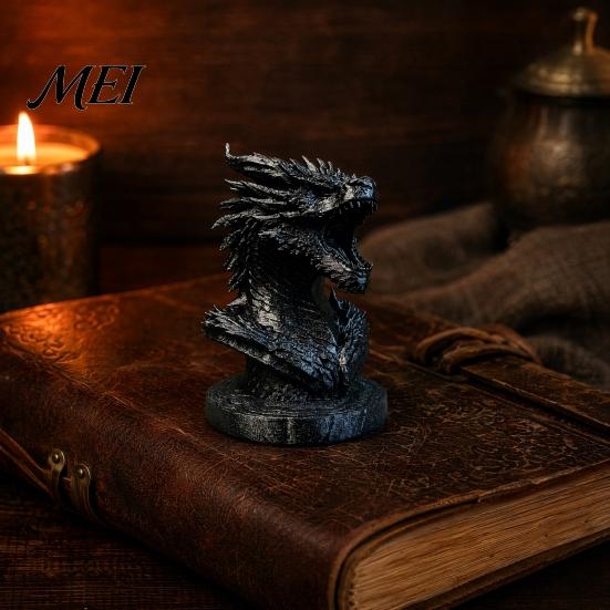 Matte Silver Dragon Figure Head Figurine, 3D Printed Fantasy Statue, Mythical Patina Finish Ornament Animal Sculpture for Home Office Desk Decor, Gift