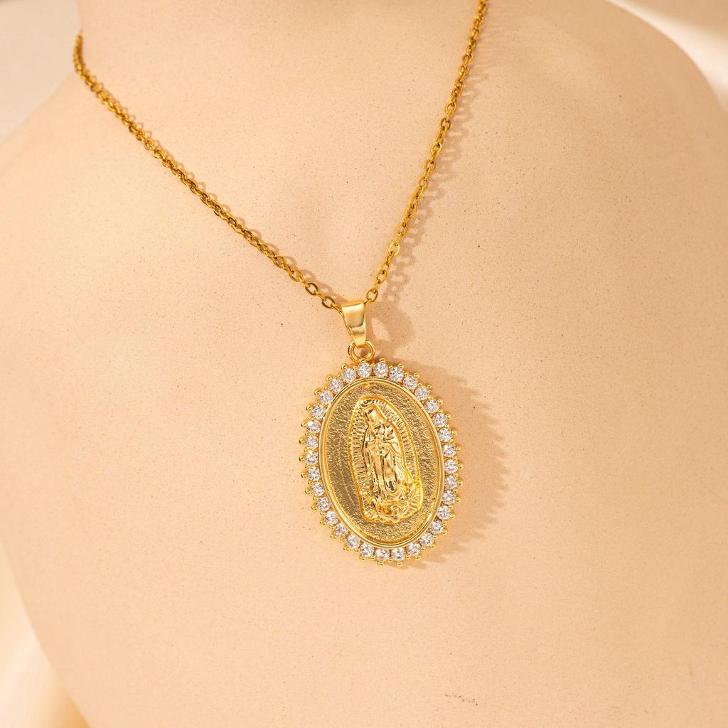 Retro Style European & American Copper Zircon Mary Pendant Necklace