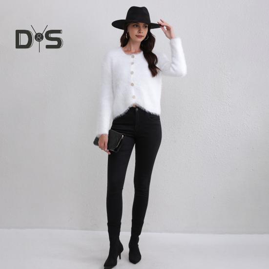 Herbst Winter Damen Strickjacke Mantel Pelzigen Plüsch Einreihig U-Ausschnitt Lange Ärmel Verdickt Einfarbig Kunstpelz Strickpullover Jacke