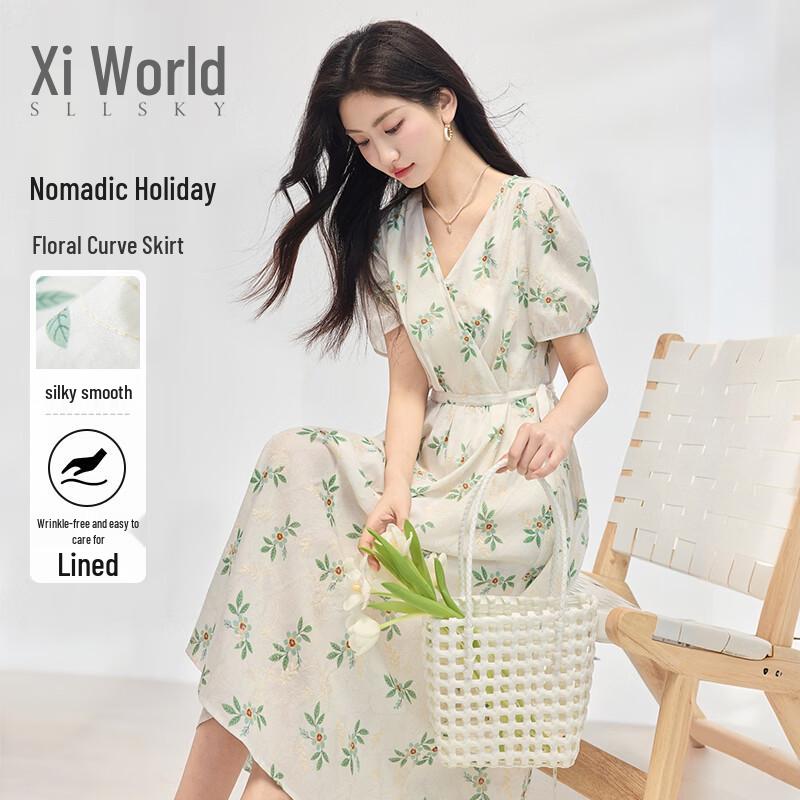 Floral V-Neck Puff Sleeve Dress S