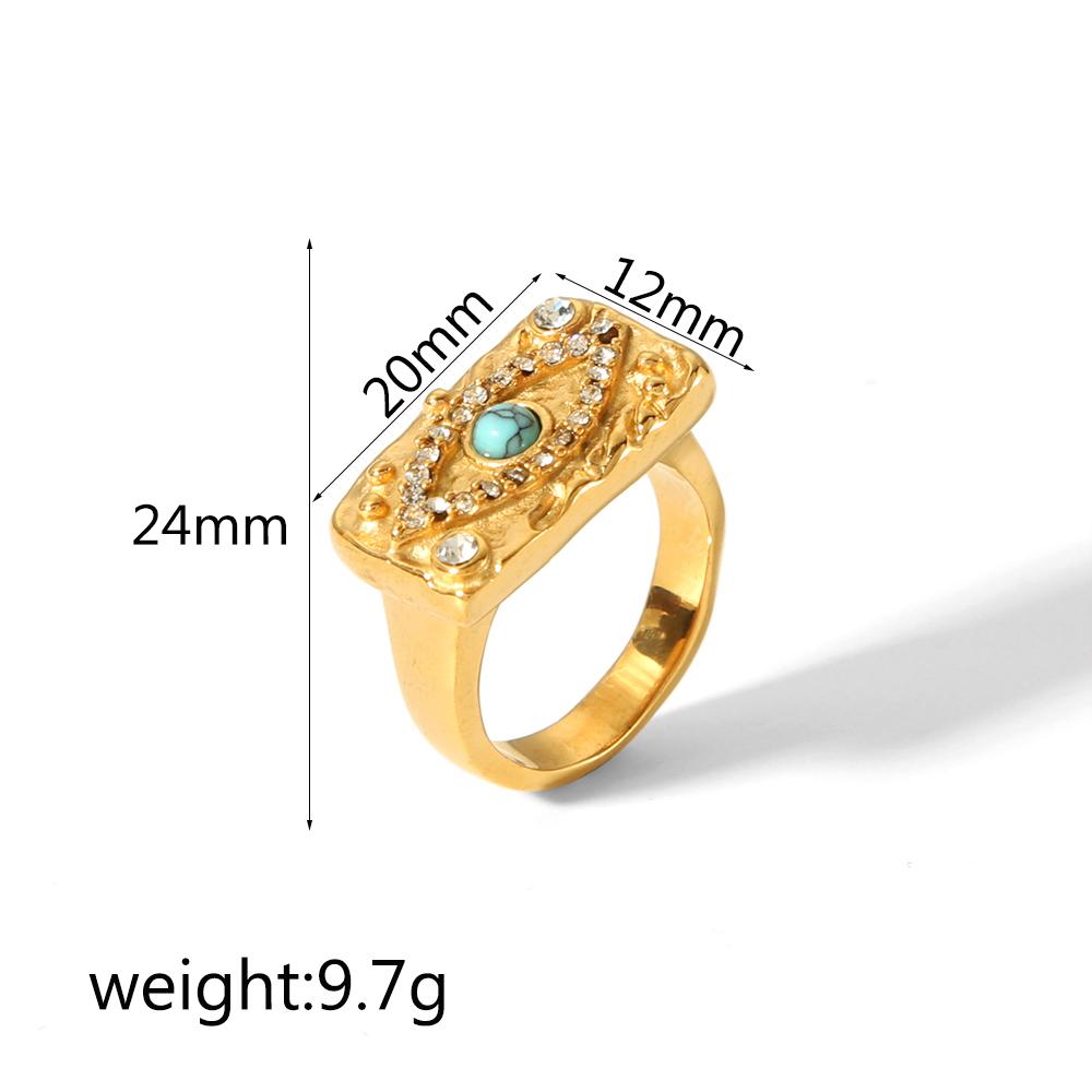 Dainty 18K Gold Plated Stainless Steel Turquoise Zircon Rings Lava Hammered Texture Evil Eyes Rectangle Rings Jewelry
