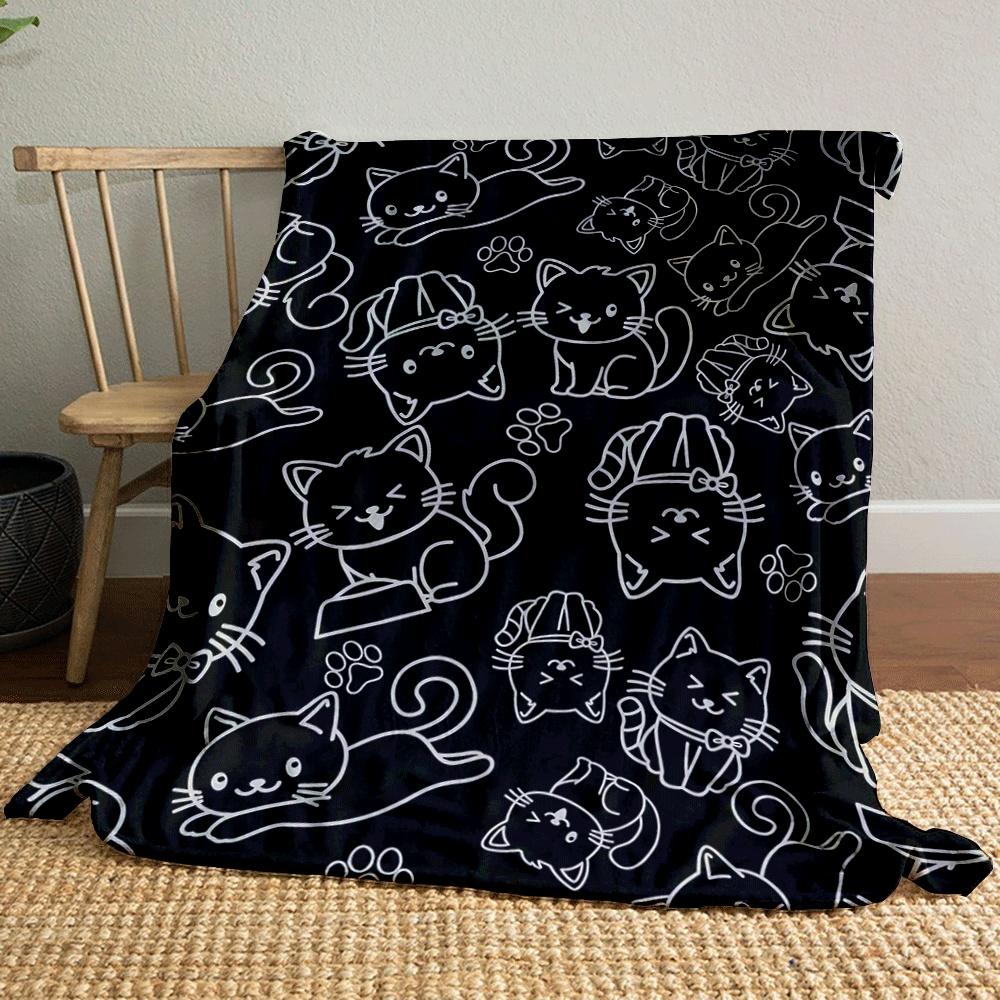 Outlined Playful Cats and Paw Prints On a Black Background. for All Seasons Blanket Lunch Break Throw Gift