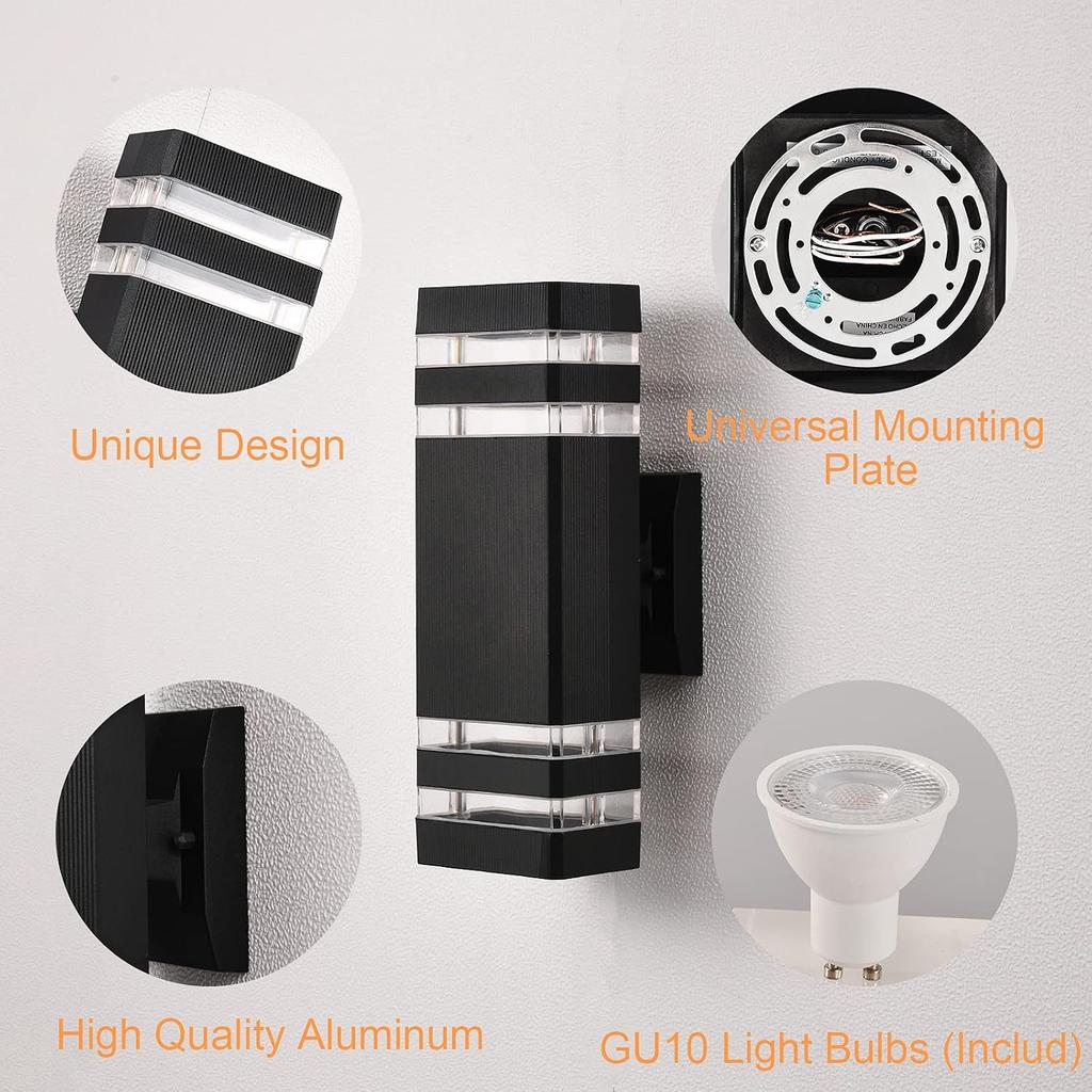 DASTOR 4 Pack Outdoor Wall Lights, Modern Exterior Lighting Fixtures Wall Mount, 2-Layer Black Outdoor Lights for House, Up and Down Lights Outdoor