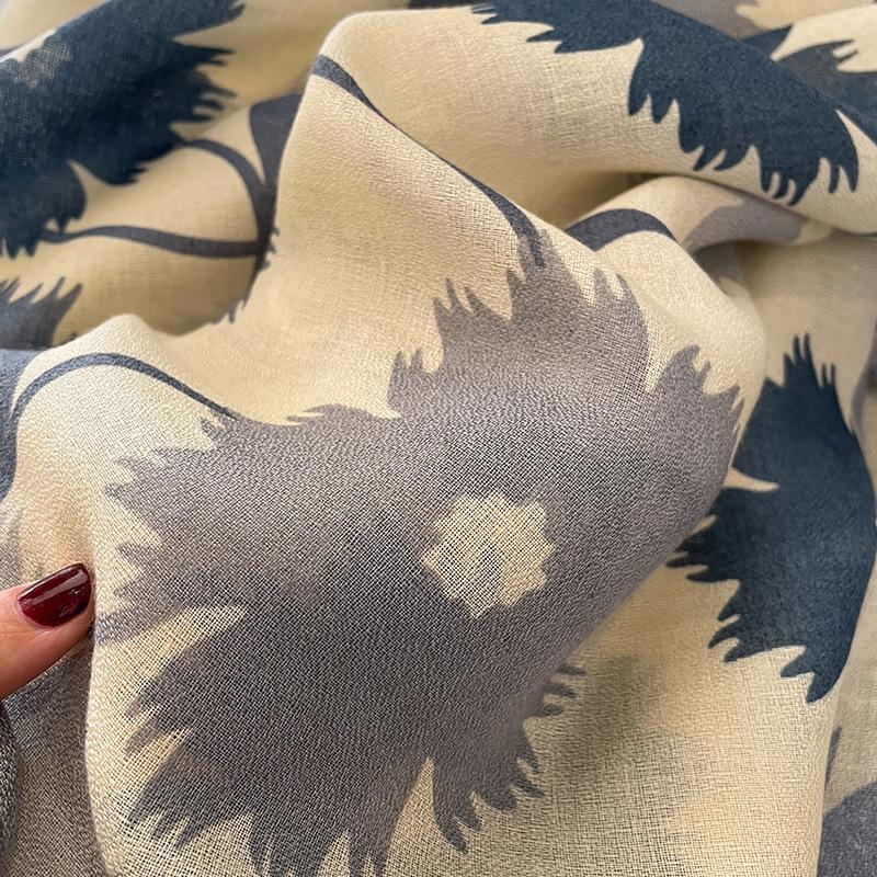 Korean Style Floral Cotton Linen Scarf, Versatile Long Thin Shawl for Women