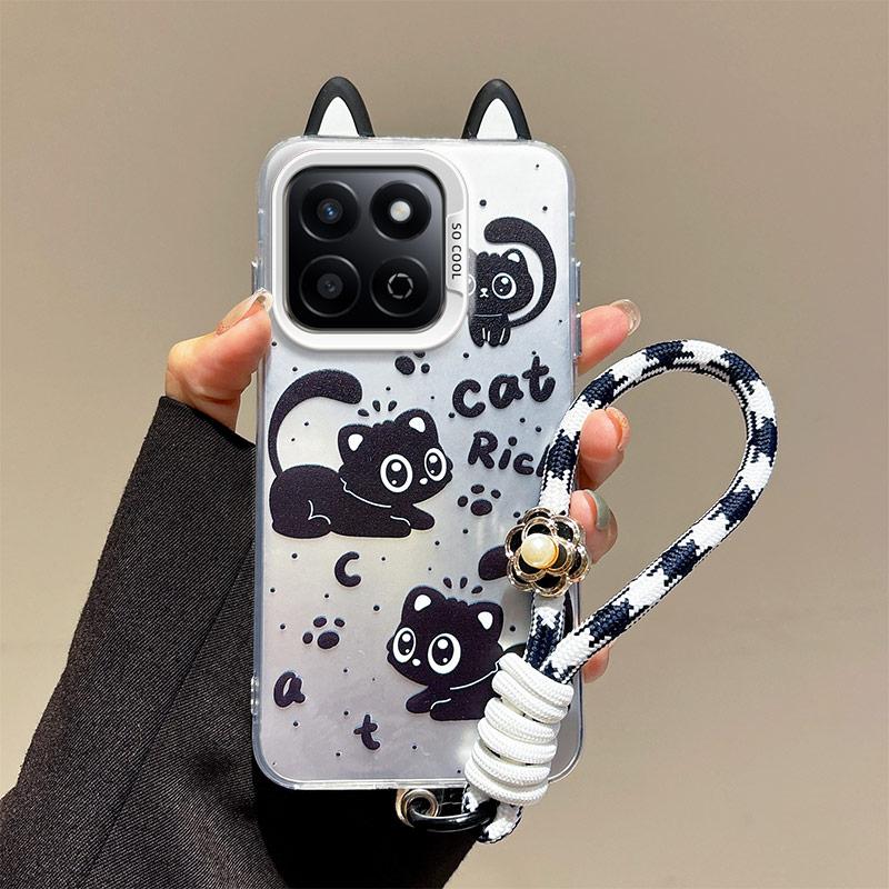 KEYSION Cute Ear Cartoon Case for HONOR X7c with Lanyard Soft Silicone+PC Shockproof Phone Cover for Huawei Honor 200 Smart 5G