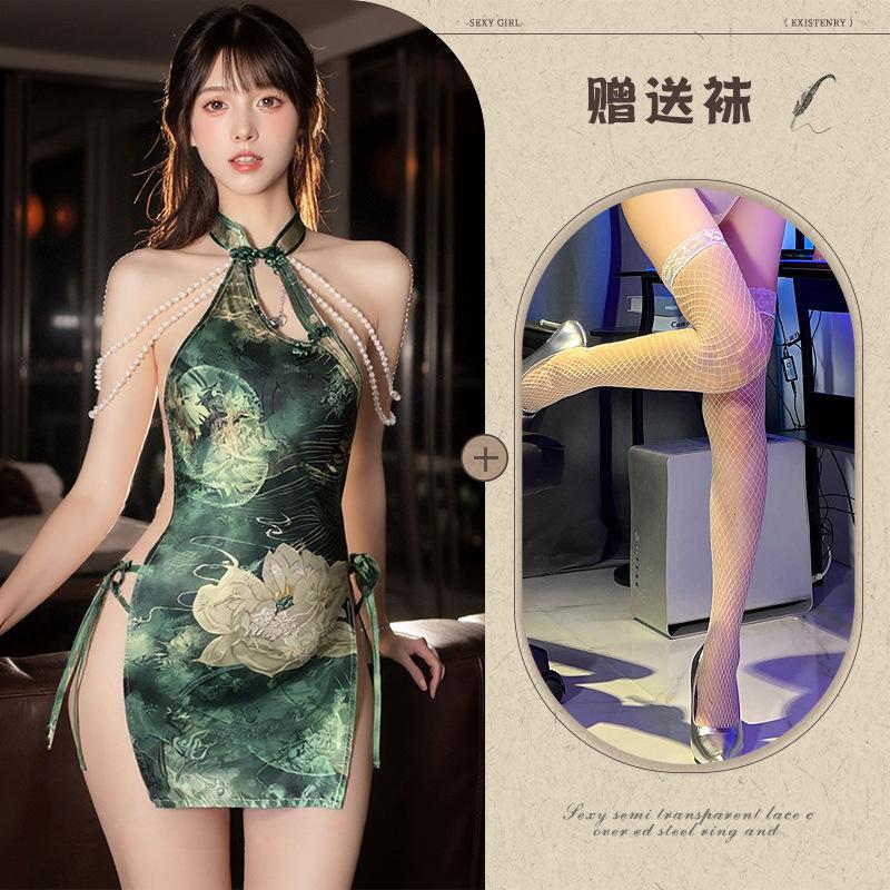 Sexy underwear Chinese sexy modified split cheongsam premium pearl backless Qinghe national style cheongsam