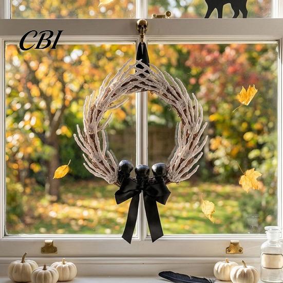 Scary Halloween Door Decor Skeleton Hand Wreath for Front Door, Gothic Spooky Hanging Garland Decoration with Black Bow And Skulls Wall Holiday Party