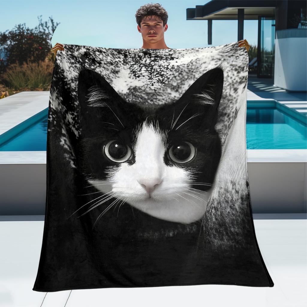 Cute Tuxedo Cat Blanket 2D Soft Cozy Flannel Throw Blanket For Bed Couch Sofa Camping Travel Warm Blanket For Cat Lovers Gift