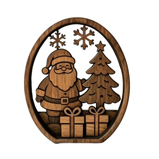 Desktop Standing Xmas Ornaments 3Pcs Christmas Santa Claus And Tree Ornaments, Wooden Oval Table Tiered Tray Holiday Displays Centerpiece, Solid Wood
