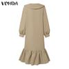 VONDA Women Casual Lapel Long Sleeve Solid Color Dresses