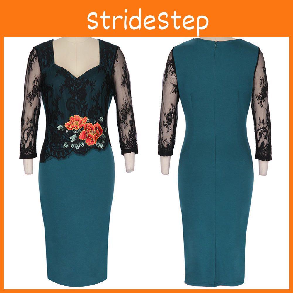 Office Women Sexy V-neck Lace Embroidered Floral Cocktail Evening Party Dress In Premium Quality Fabric