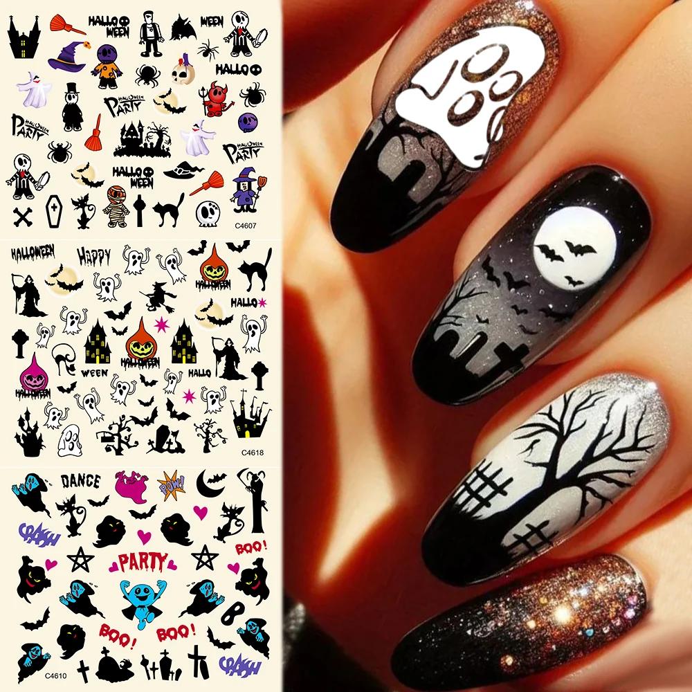 24 Sheets 3D Colorful Halloween Nail Art Stickers Self-adhesive Evil Pumpkins/bats/spiders/owls Nail Decals Y2K November1st Nail
