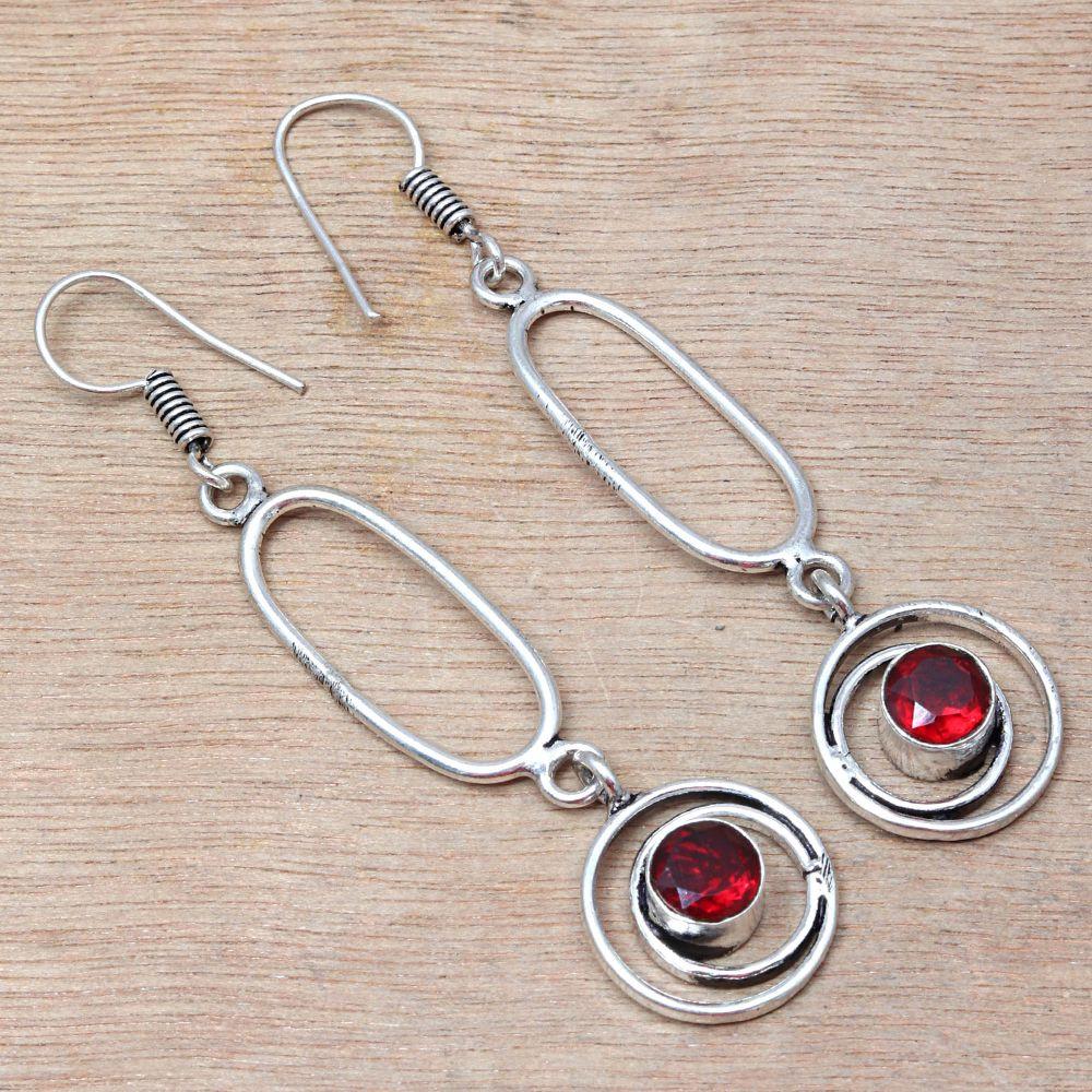 Mozambique Garnet Gemstone Handmade Silver Jewelry Earrings 1.5''