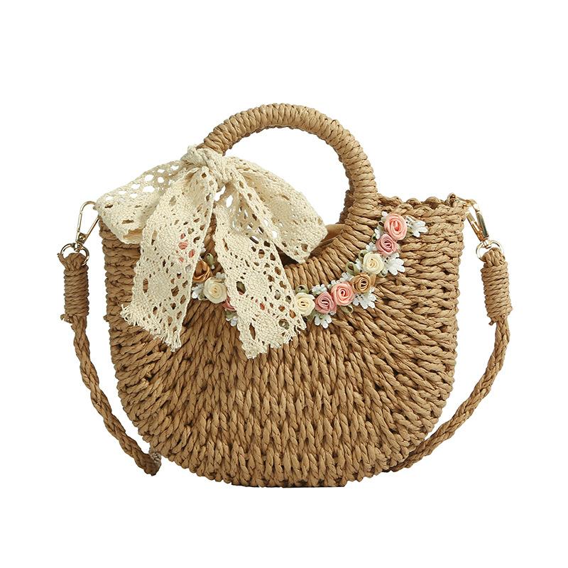 Fresh and Light Floral Woven Bag, Beach Vacation Bag, Beachside Single Shoulder Bag, Handbag, Grocery Basket Bag Casually