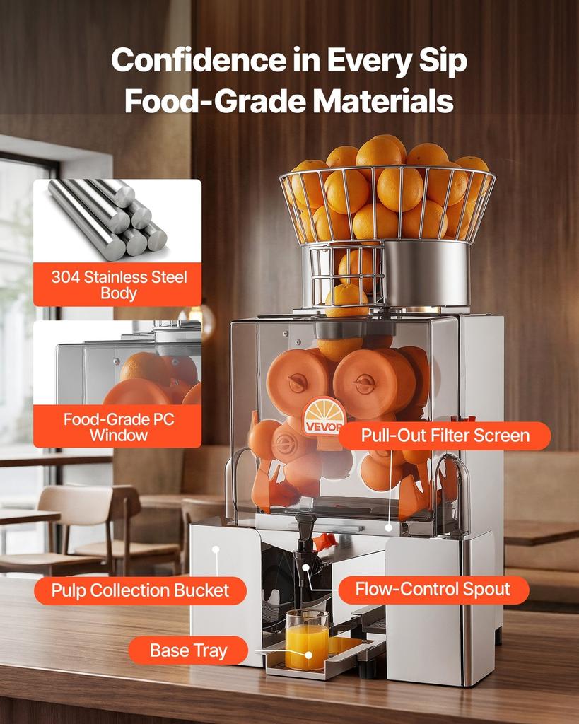 Commercial Orange Juicer Machine, 120W Electric Automatic Orange Squeezer, Lemon Citrus Pomegranates Extractor for 20 per Minute, Stainless Steel,