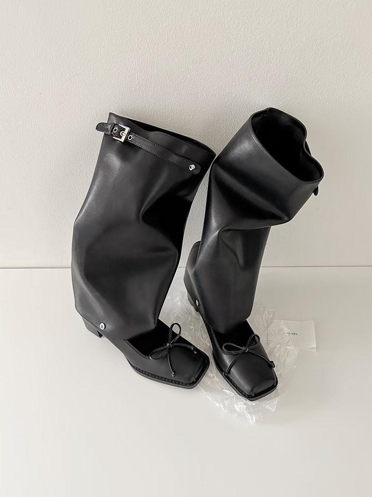 

Spot version~ niche thick heel 5cm height-increasing cool boots women s fashionable two-wear square head hollow bow ballet shoes 35