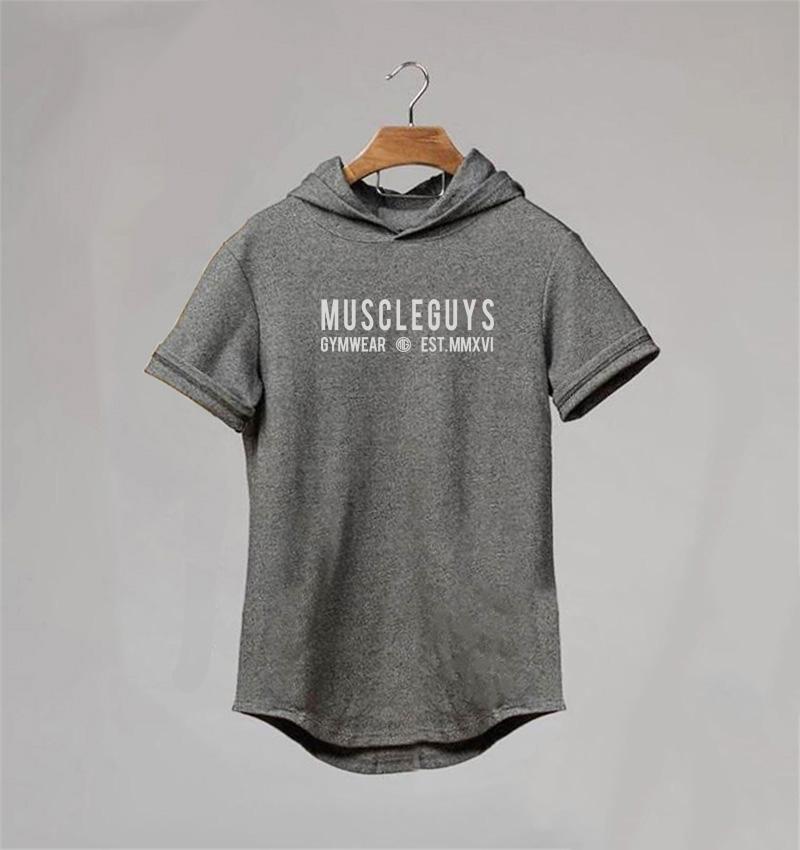 Mens Fitness Muscle Clothing Short Sleeve Sport T-shirts Summer Breathable Cotton Hoodie Gym Bodybuilding Slim Fit Hooded Shirts