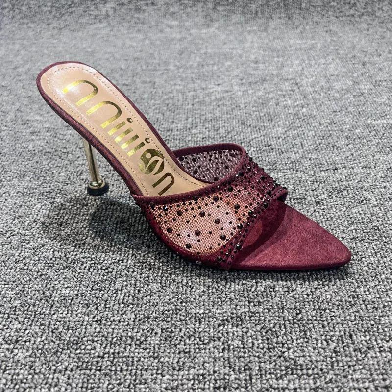 Sommer Damen Hausschuhe Sexy Spitz Strass Mesh Damen High Heel Hausschuhe Weibliche Party Hochzeit Brautschuhe