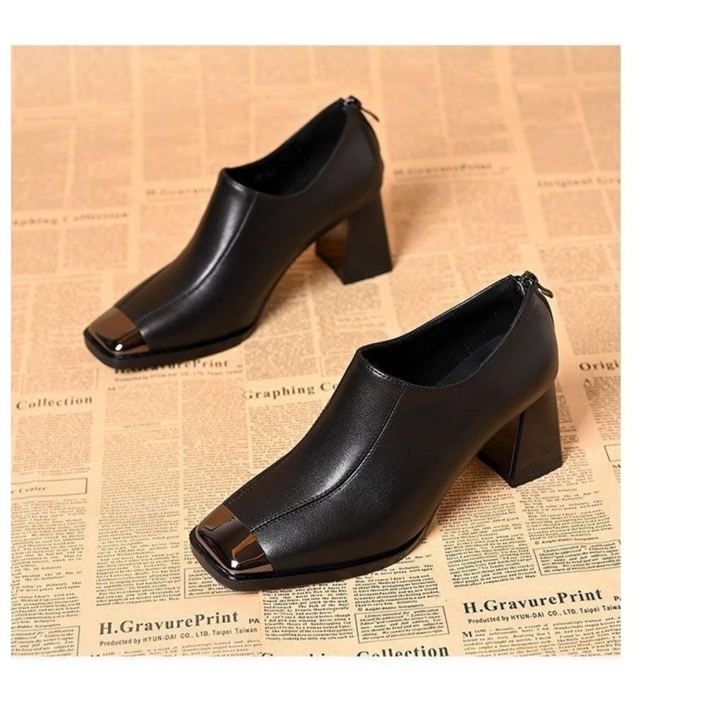 Spring French Retro Square Head Deep Mouth Women Thick Heel Soft Leather Casual Fashion High Heels Women