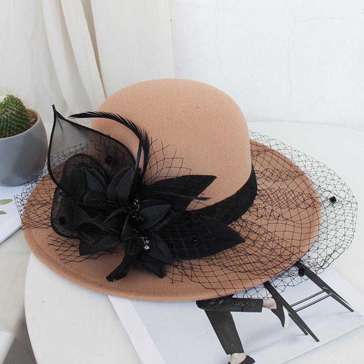 Autumn And Winter Hepburn Big-Brimmed Woolen Hat British Retro Felt Hat Mysterious Mesh Flower Banquet Top Hat