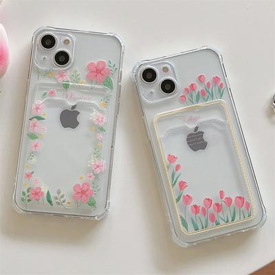 Bloemen kaarthouder hoesje voor iPhone 13/14, 12 Pro, 11, XR, 15 Pro Max. Transparant hoesje, geschikt voor dames.
