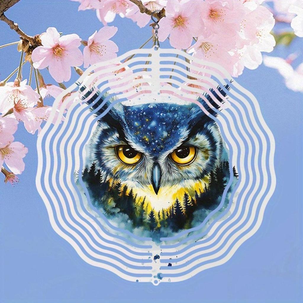 Metal Owl Wind Chime Outdoor Garden Decor with Starry Night Sky Pine Trees Snowflakes Design for Patio Porch Holiday Christmas Decoration